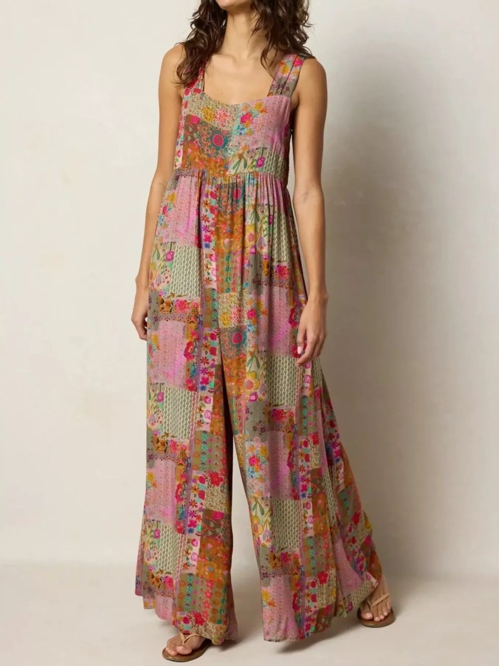 NATURAL LIFE Smocked Patchwork Boho Wide-Leg Jumpsuit NWT size XS